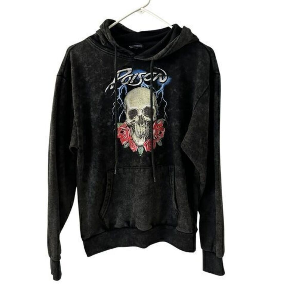POISON 80's Band Logo Rocker Grey Skull Soft Fleece Lined Pullover Hoodie Size S